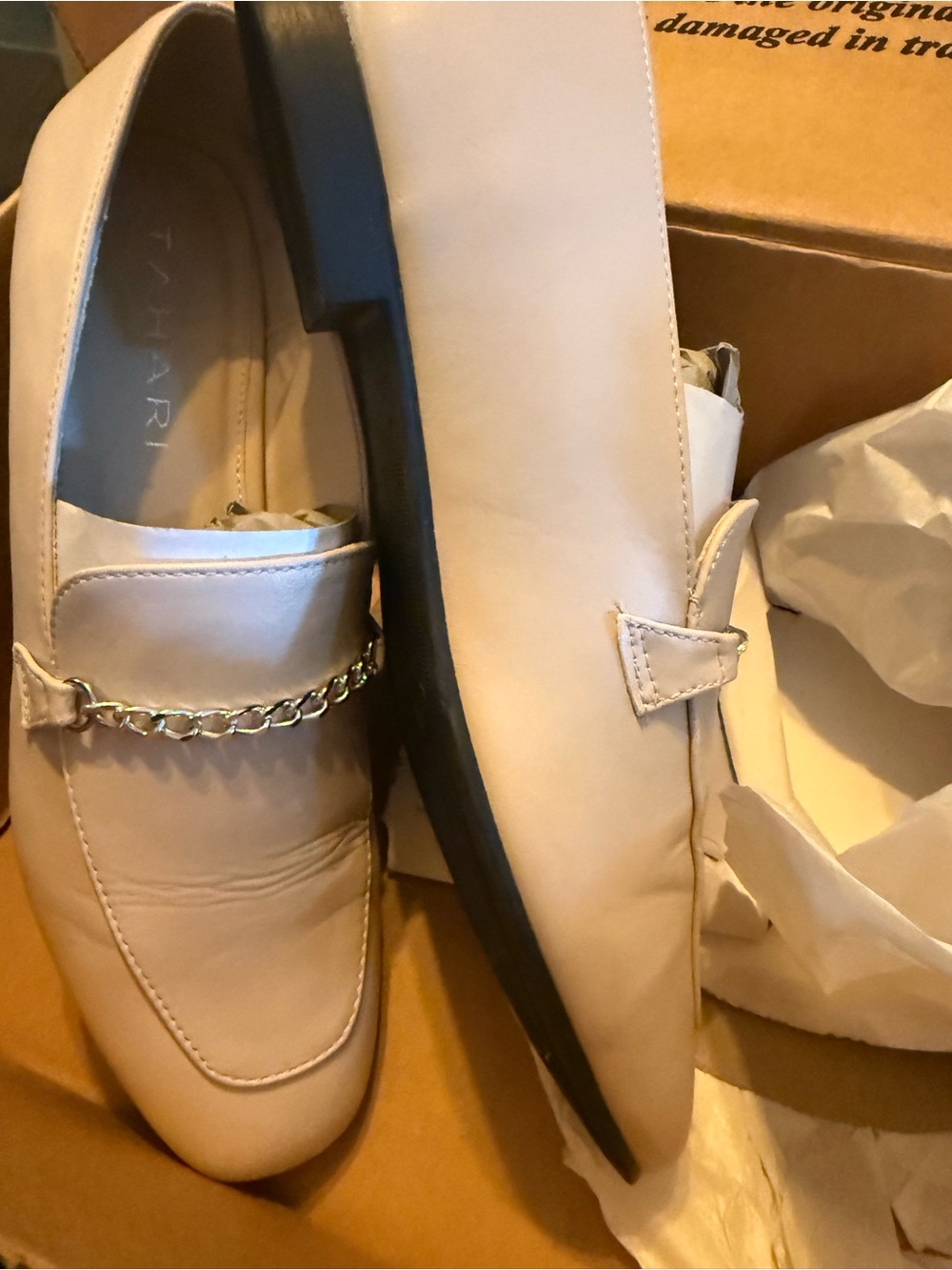 Tahari Cream Leather Chain-Trim Loafers